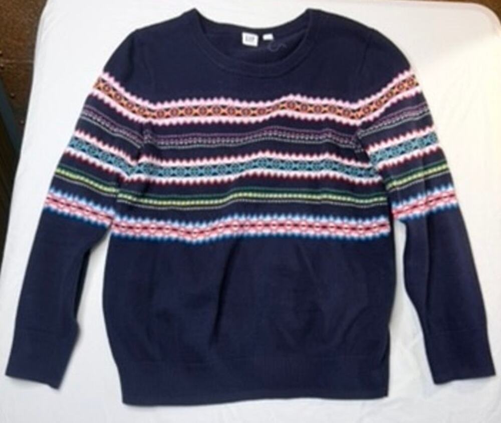 Gap Crazy Crew Neck Sweater 100% Cotton Navy Uniform Fair Isle Fall Academia Fun